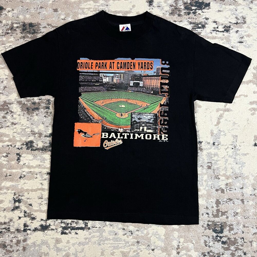 Vintage Majestic Baltimore Orioles Mens Tee Shirt Sz M Cotton Black Camden Yards